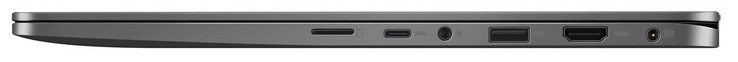 Lato Destro: card reader (MicroSD), USB 3.1 Gen 1 (Type C), audio combo, USB 3.1 Gen 1 (Type A), HDMI, alimentazione