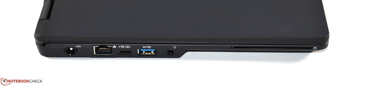 Lato sinistro: connettore alimentazione, porta Ethernet RJ45, USB 3.1 Type-C Gen 1, USB 3.0 Type-A, connettore per jack da 3.5 mm per auricolari e microfono combinati