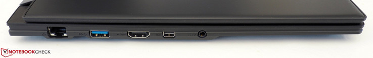 Sinistra: RJ45-LAN, USB-A 3.1 Gen2, HDMI 2.0, Mini-DisplayPort 1.4, 3.5 mm audio jack
