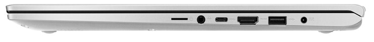 A destra: Lettore di schede MicroSD, combo audio, USB 3.2 Gen 1 (tipo C), HDMI, USB 3.2 Gen 1 (tipo A), alimentazione