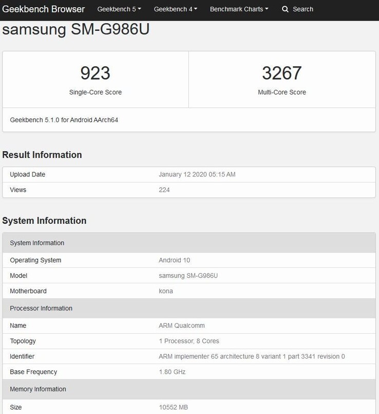 Risultati ottenuti dal Samsung SM-G986U