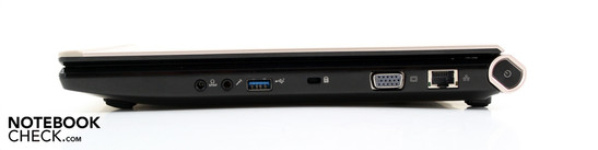 Lato destra: Cuffie / SPDIF, microfono, USB 3.0, Kensington, VGA, Ethernet, accensione