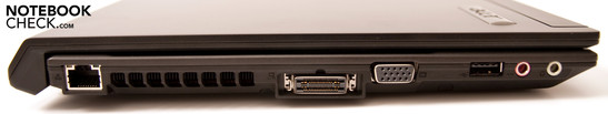 Sinistra: 1x USB 2.0, connessioni audio (uscita cuffie, ingresso microfono), VGA, Acer EasyPort IV, porte di rete RJ45 (Gigabit LAN)