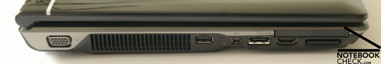 Lato sinistro: VGA, ventola, USB 2.0, Firewire, E-SATA, HDMI, Express Card Slot 54, Cardreader