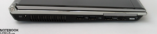 Lato sinistro: alimentazione, ventola, 3x USB, HDMI, ExpressCard