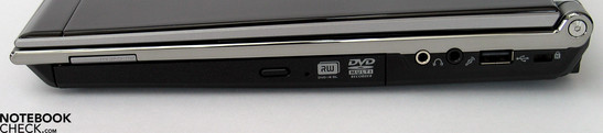 Lato destro: DVD drive, card reader, audio  (S/PDIF), USB, Kensington lock