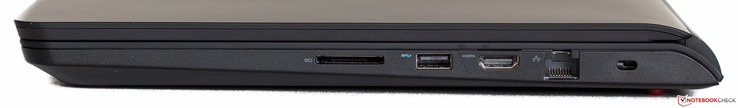 Right: SD-card, USB 3.0, HDMI, Ethernet, Kensington