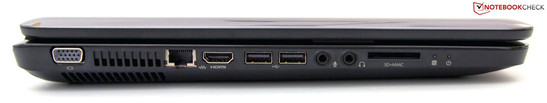 Sinistra: VGA, RJ45 Fast Ethernet LAN, HDMI, 2x USB 2.0, microfono, cuffie, card reader