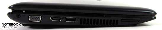 Sinistra: connettore di alimentazione, VGA, HDMI, USB 2.0, lettore di schede