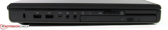 Lato Sinistro: Kensington-Lock, 2x USB 2.0, FireWire, audio in/out, lettore di schede, lettore ExpressCard/54 e smart card, masterizzatore Blu-ray