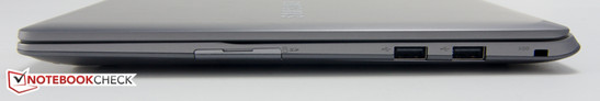 Lato destro: lettore carte SD, 2x USB 2.0, slot sicurezza