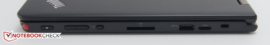 Lato destro: penna, accensione, controllo volume, rotation lock, card reader, USB 3.0, Mini-HDMI, lock slot