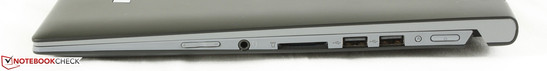 Destra: Volume, porta audio combo 3.5mm, lettore SD 2-in-1, 2x USB 2.0, pulsante Lenovo OneKey, pulsante di accensione