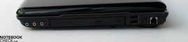 Lato destro: Porte Audio (Microfono, Cuffie, S/PDIF), DVD Drive, 2x USB 2.0, Modem