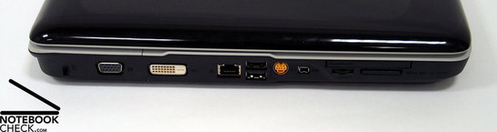 Lato sinistro: Kensington Lock, VGA, DVI-D, LAN, 2x USB, S-Video, Firewire, Cardreader, ExpressCard