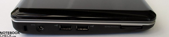 Lato Sinistro: Kensington Lock, adattatore network, 2x USB 2.0, SD card reader