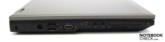 Sinistra: Kensington, 2x USB-2.0, VGA, FireWire, microfono, cuffie, ExpressCard/54, 3-in-1 card reader