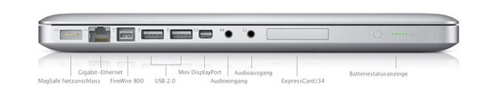 Tutte le interfacce (eccetto la Kensigton Lock) sono sul lato sinistro: MagSafe (Alimentazione), Gigabit LAN, FireWire 800, 2x USB 2.0, Mini DisplayPort, Line-In (analogica / ottica), cuffie e Line-Out (analogica / ottica)
