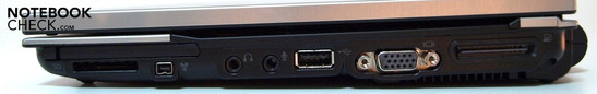 Destra: ExpressCard/54, lettore di schede SD, Firewire, porte audio, USB 2.0, VGA, porta docking