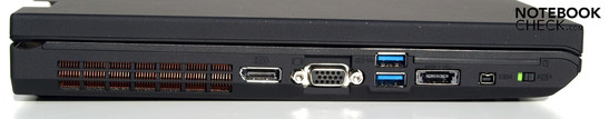 Sinistra: Ventola, porta schermo, VGA, 2x USB 3.0, USB/eSATA combo, Firewire, interruttore  principale WiFi