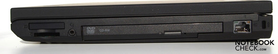 Destra: ExpressCard/34, lettore di schede 5-in-1, porta audio combinata, slot Ultra-bay con DVD-RW, porta RJ45-LAN, slot di sicurezza Kensington
