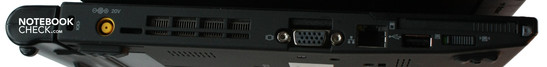 Sinistra: CardBus, interruttore WLAN, USB, LAN, VGA, presa d'aria della ventola, ingresso alimentazione, Kensington lock