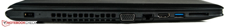 Left side: power jack, VGA, Ethernet, HDMI, 1x USB 3.0, SD card reader