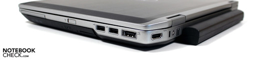 Destra: Expresscard, 2x USB 2.0, USB/eSATA, HDMI, Kensington, Modem (opzionale)