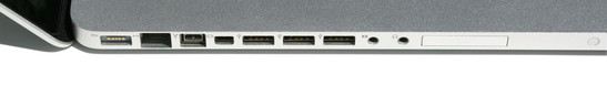 Connettore di alimentazione MagSafe, gigabit LAN, FireWire 800, Mini DisplayPort, 3 USB 2.0s, input ottico/ analogico (niente microfono!) ottico / analogico output.