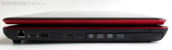 Lato sinistro: RJ-45 Gigabit LAN, eSATA/USB 2.0 combo, USB 2.0, HDMI, Firewire, ExpressCard