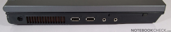 Left Side: Kensington Lock, Power Connector, 2x USB, VGA, LAN, Modem, HDMI, Firewire