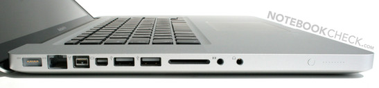 Mag Safe, Gigabit LAN, FireWire 800, Mini DisplayPort, 2x USB 2.0, SD card slot, line in & line out (ottica & analogica), LEDs livello batteria