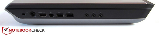 Lato Sinistro: Kensington Lock, alimentazione, HDMI, mini DisplayPort, 2x USB 3.0, 3x sound