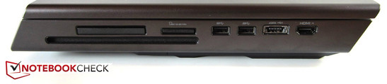Lato Destro: drive ottico, ExpressCard (54 mm), 9-in-1-card reader, 2x USB 3.0, eSATA- / USB-2.0-Combo, HDMI-In