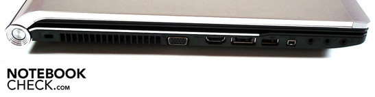 Sinistra: Kensington lock, VGA, HDMI, eSATA/USB 2.0, USB 3.0, Firewire, 3 connettori audio