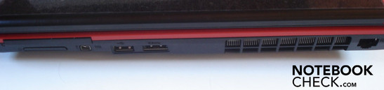 Destra: ExpressCard, 4-in-1 cardreader, Firewire, USB 2.0, eSATA/USB 2.0 combo, RJ 45 gigabit LAN