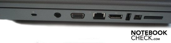 Lato sinistro: Kensington lock, DC-in, VGA, RJ-45, Gigabit LAN, porta display, USB 2.0, Firewire, 8-in-1 cardreader