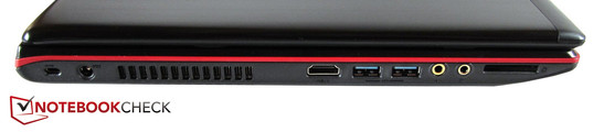 Left: Kensington lock, AC-in, HDMI, 2x USB 3.0, 2x audio, card reader