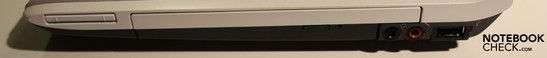 Destra: ExpressCard 34mm, masterizzatore DVD, cuffie, microfono, USB 2.0