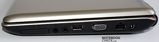 Lato destro: ExpressCard34, Audio-Out/SPDIF, Audio-In, USB, VGA, LAN, Alimentazione