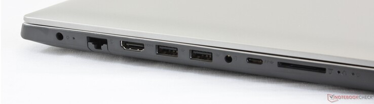 A Sinistra: alimentazione AC, Gigabit RJ-45, 2x USB 3.0, 3.5 mm combo audio, USB Type-C Gen. 1, lettore schede SD