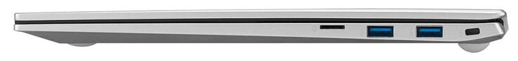 Lato destro: Lettore di schede di memoria (microSD), 2x USB 3.2 Gen 1 (Type-A), slot cable lock