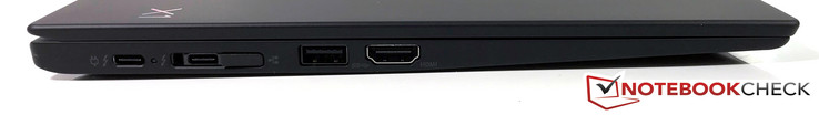 Lato sinistro: USB Type-C Thunderbolt 3 x2, Connessione dock (integrata nella seconda porta USB Type-C), USB Type-A 3.0, HDMI 1.4b