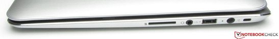Lato destro: card reader (SD, MMC), audio combo, USB 2.0, alimentazione, Kensington Lock.