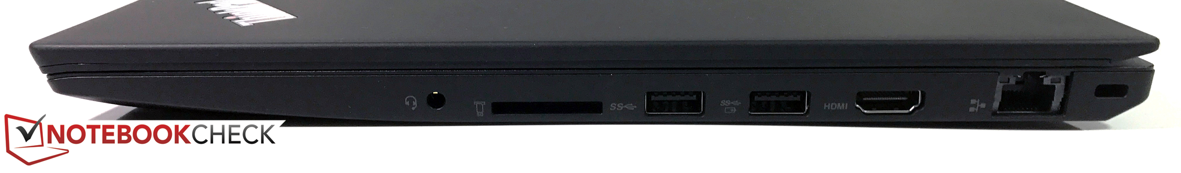 Right side: 3.5 mm audio, SD card reader, 2x USB 3.0 (1x always-on), HDMI 1.4b, RJ45 LAN, Kensington Lock