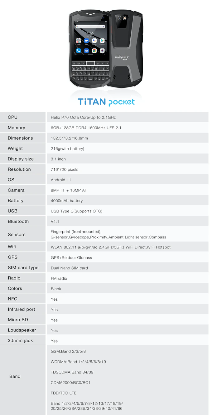 Le specifiche complete del Titan Pocket. (Fonte: Unihertz)
