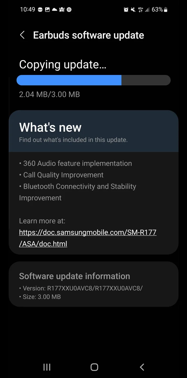 La nuova schermata di aggiornamento di Galaxy Buds2. (Fonte: Samsung via Reddit)