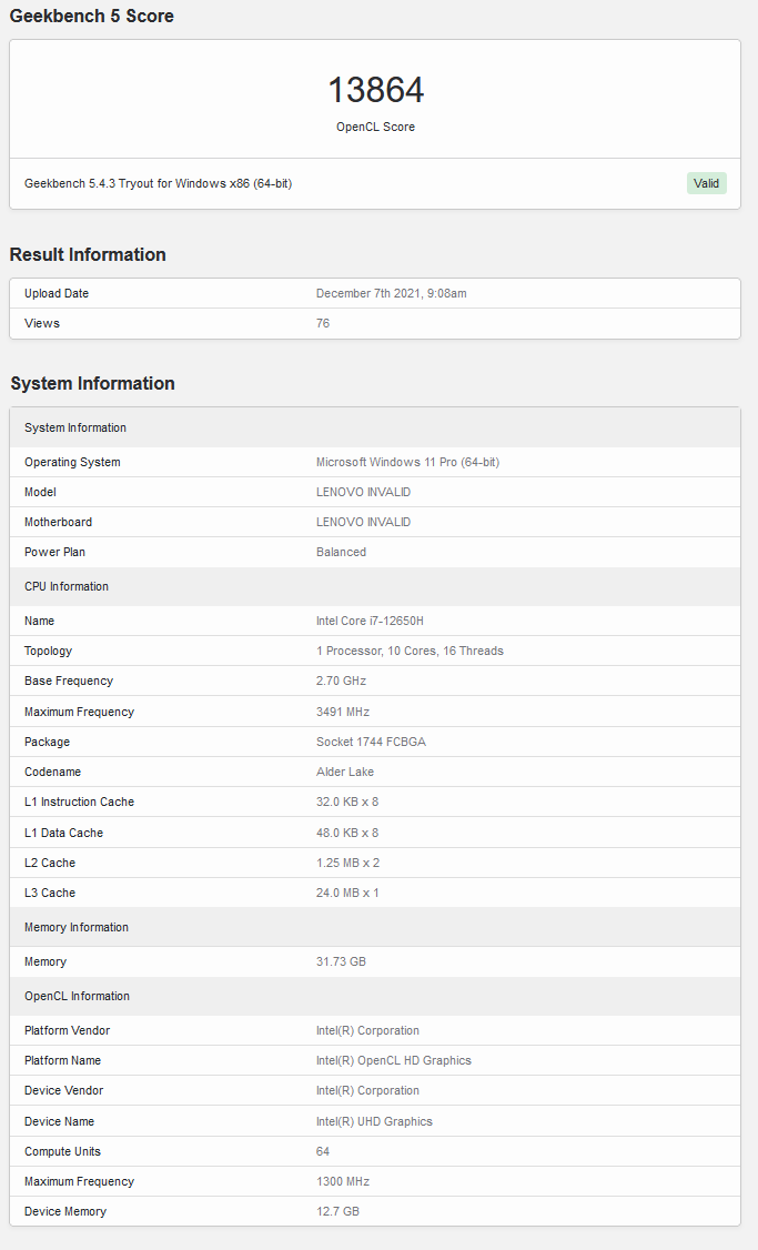 Intel Core i7-12650H su Geekbench (immagine via Geekbench)