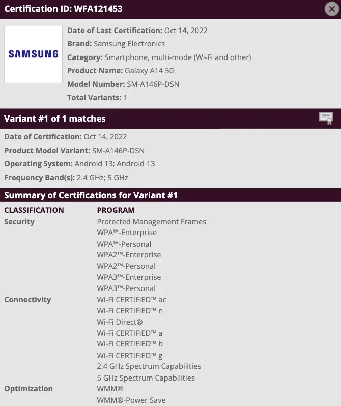 Il Galaxy A14 5G salta una serie di fasi di leak e passa direttamente alla certificazione ufficiale. (Fonte: Wi-Fi Alliance)