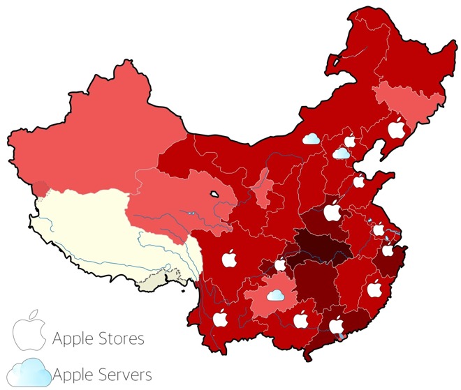 La diffusione del Coronavirus in Cina: le zone rosse indicano i focolai più importanti (Source Appleinsider.com)